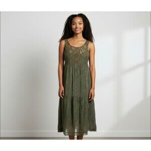 Free People Tiered Midi Dress Womens Size 6 Olive Green Beaded Boho Crochet